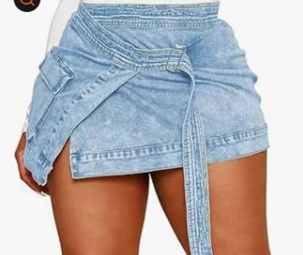 Fashion Lace-up Women's Pocket Irregular Denim Skirt