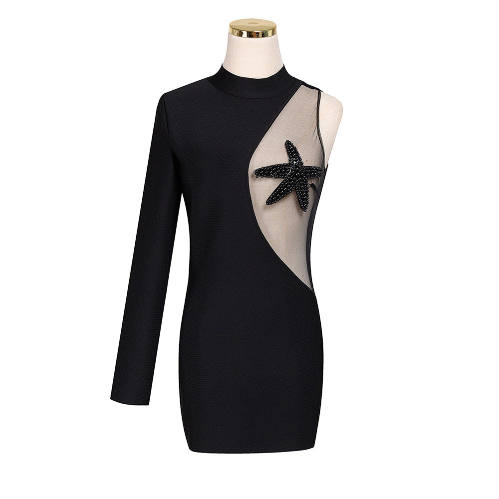 One Shoulder Long Sleeve Mesh Five-pointed Star Beaded Bandage One-piece Dress