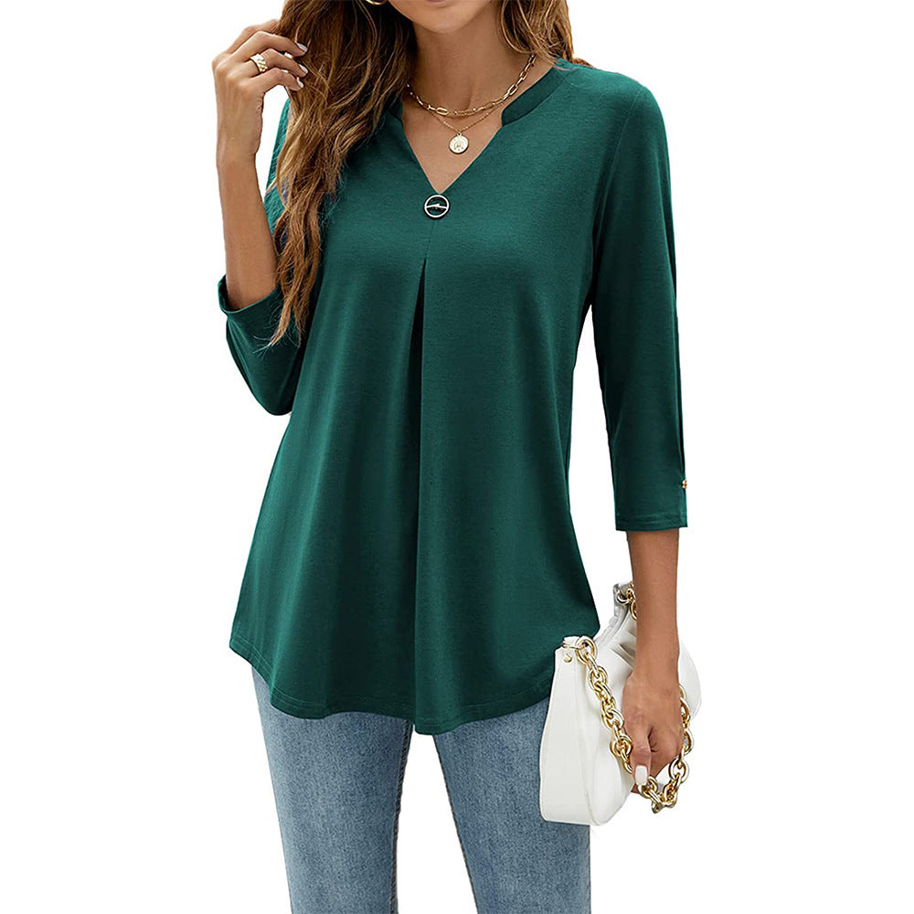 Women's V-neck Clinch Pleated T-shirt Top