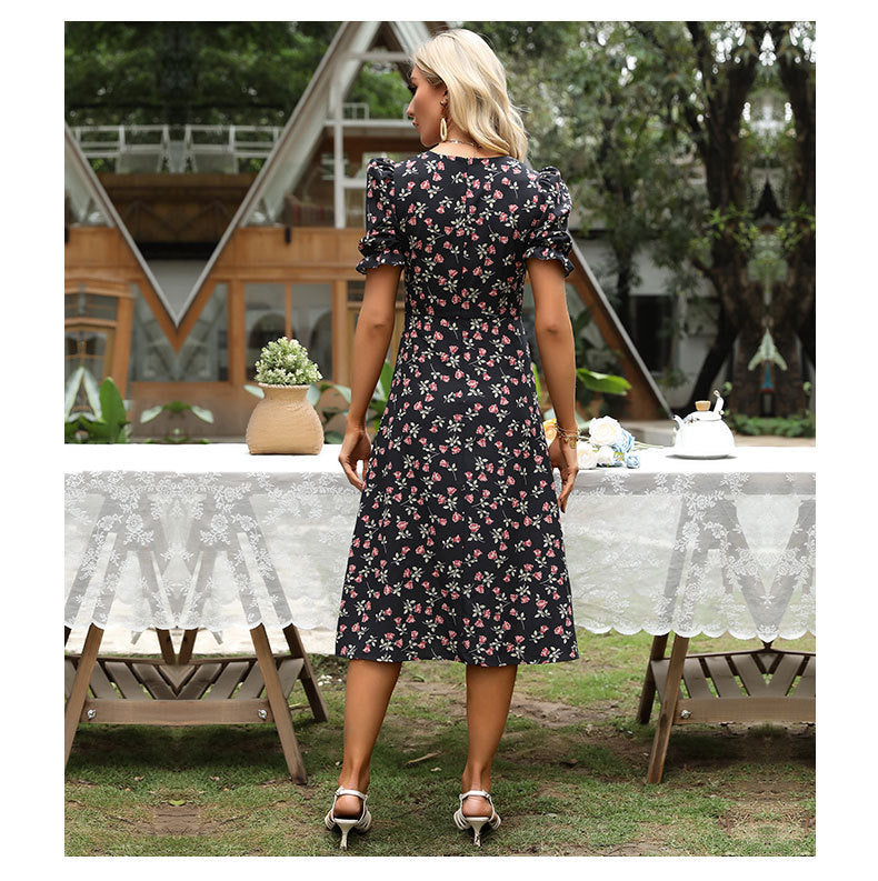 Vestido dividido con mangas abullonadas y estampado floral con cuello color melocotón para mujer