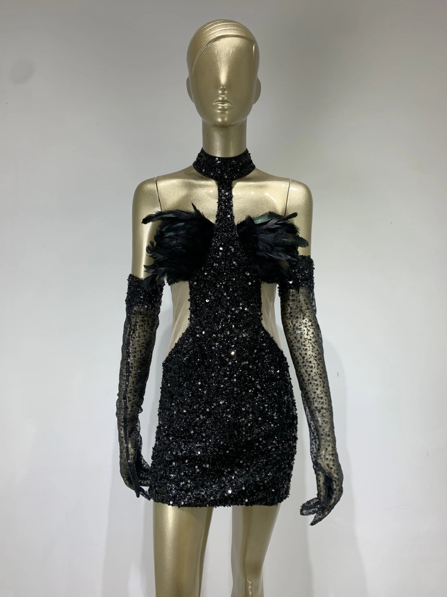 Dress Halter Feather Sequins Short Hip Skirt With Gloves Dress