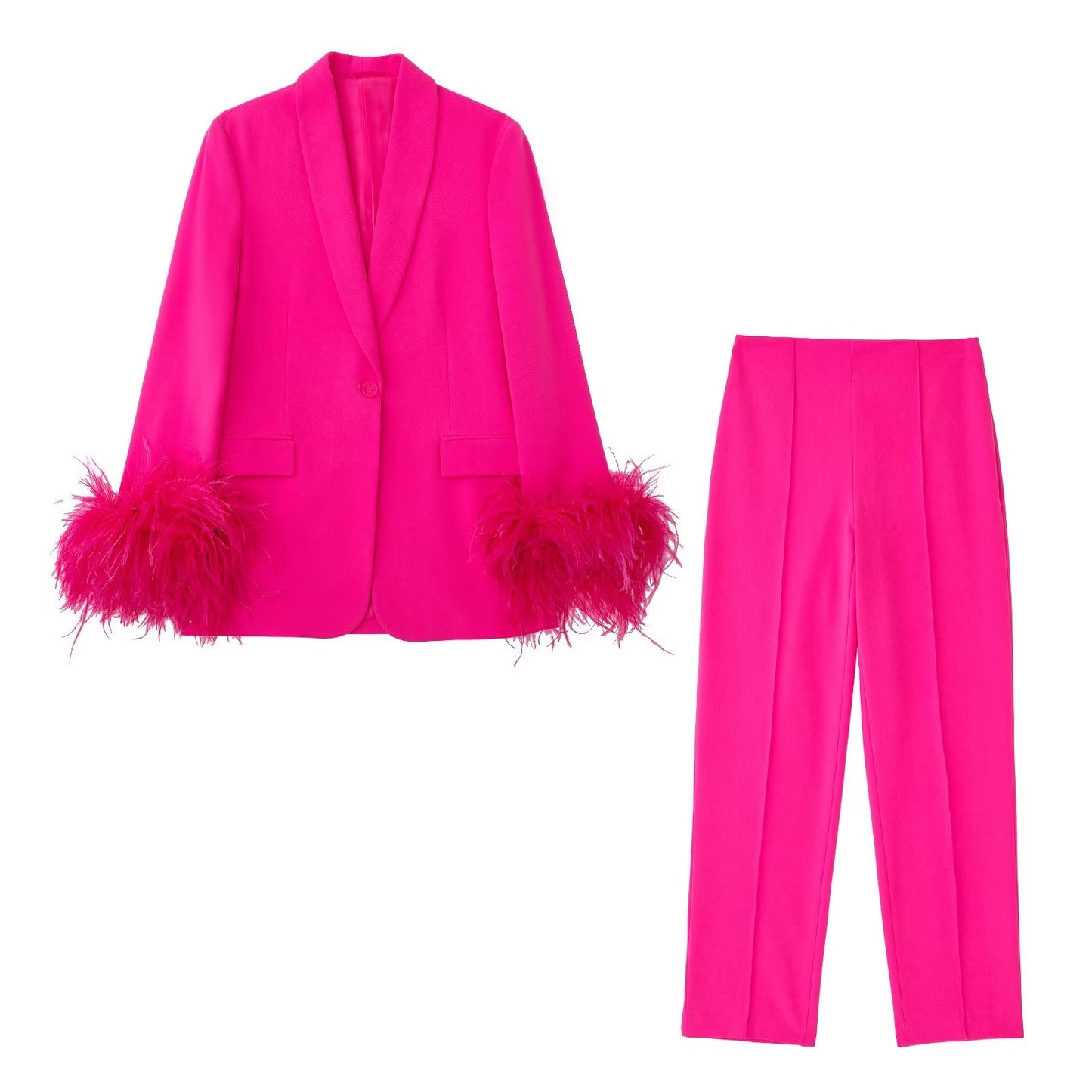 Fall Women Clothing Wild Feather Decoration Straight Blazer Set Set Trousers Set