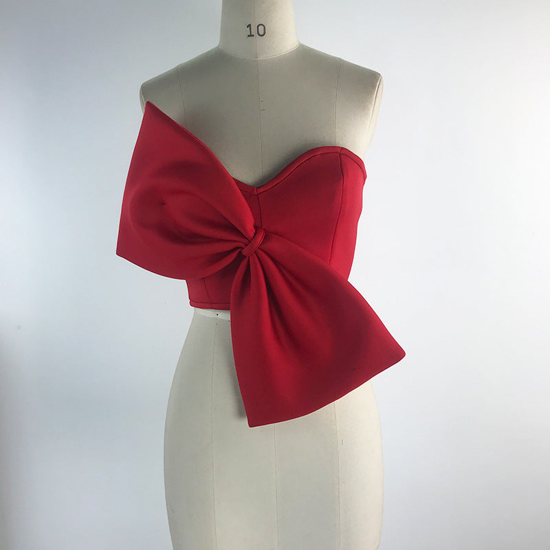 3D Bowknot Sexy Bow envuelto pecho sin tirantes corto Top camisa mujeres Tops