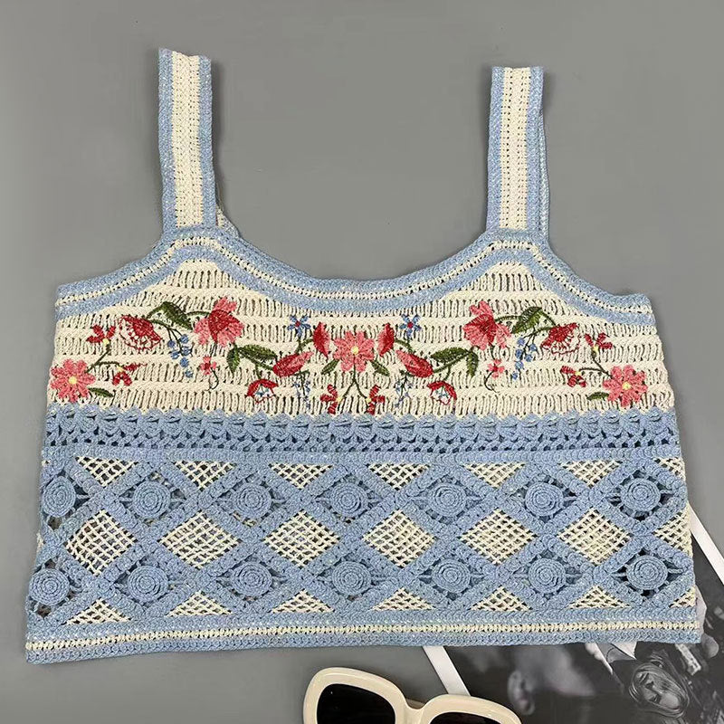 Street Ethnic Vest Embroidery Needle Hollow Out Cutout Woven Camisole Short Slim Top