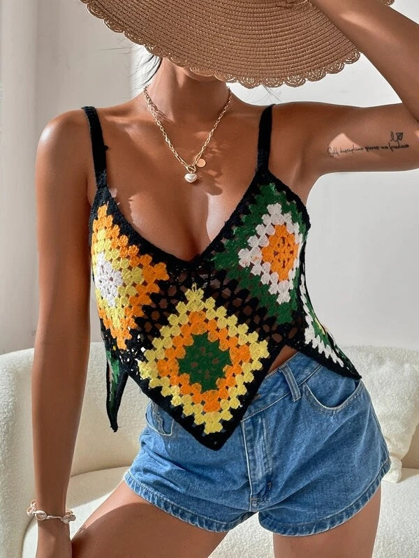 Women Summer Vacation Geometric V Neck Crochet Camis