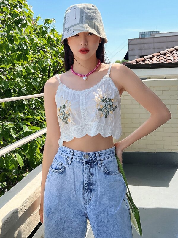 Women Summer Vacation Solid Embroidery Crochet Slim Camis