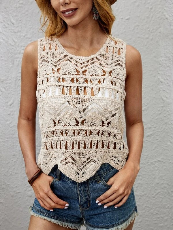 Women Summer Vacation Sleeveless Crochet Solid Top