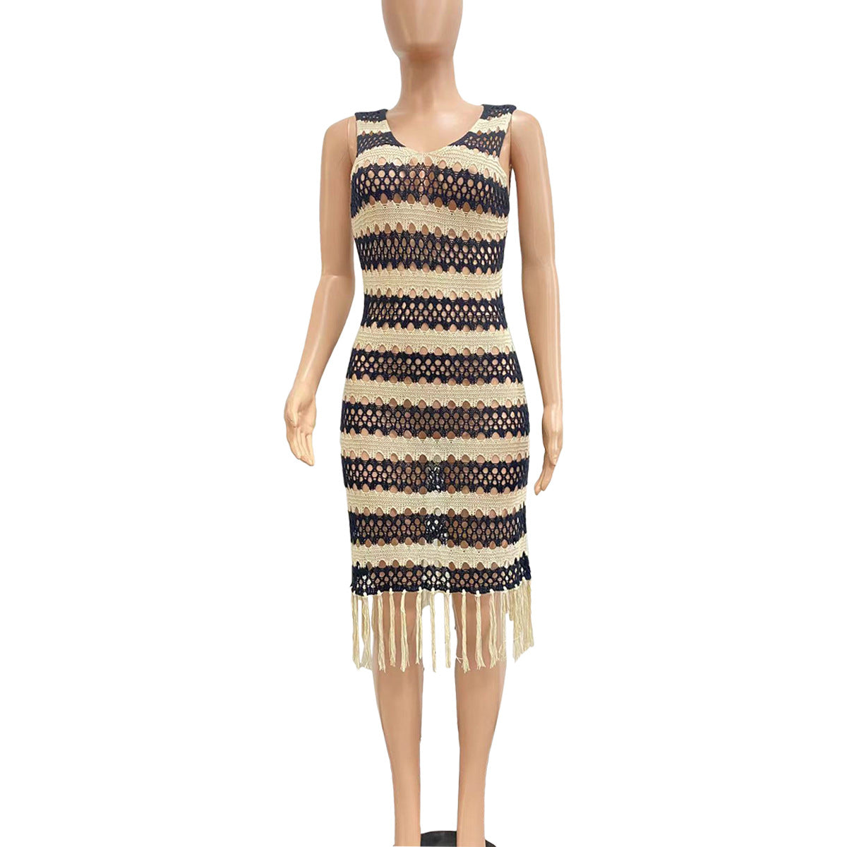 Sexy Sleeveless Knitted Crochet Tassel Beach Dress