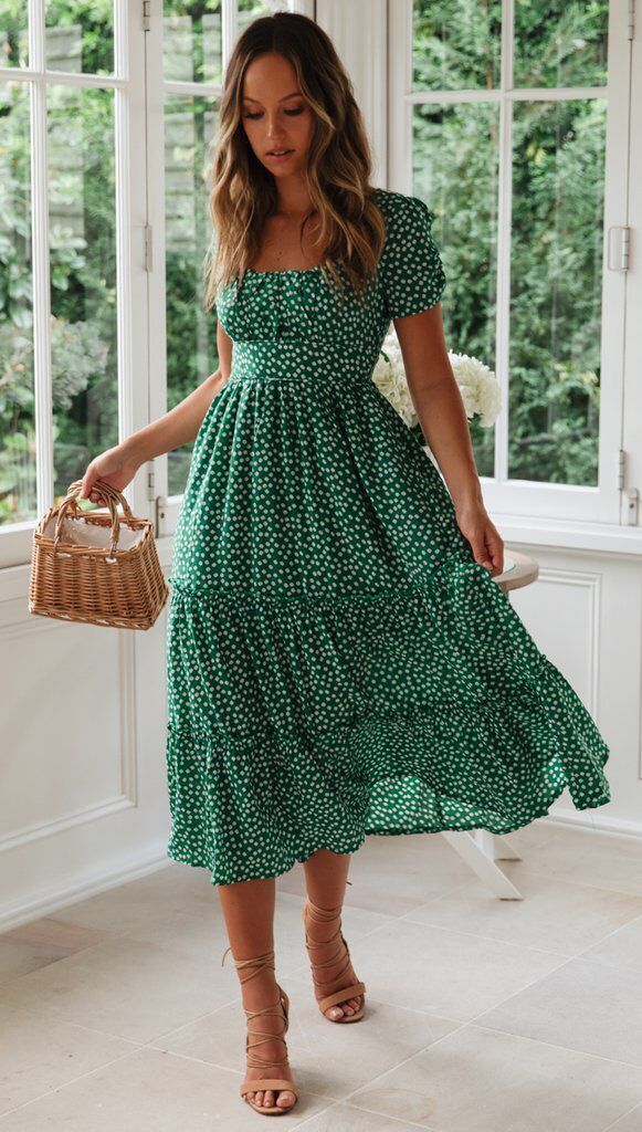 Square Collar Puff Sleeve Floral Dress Long Dress