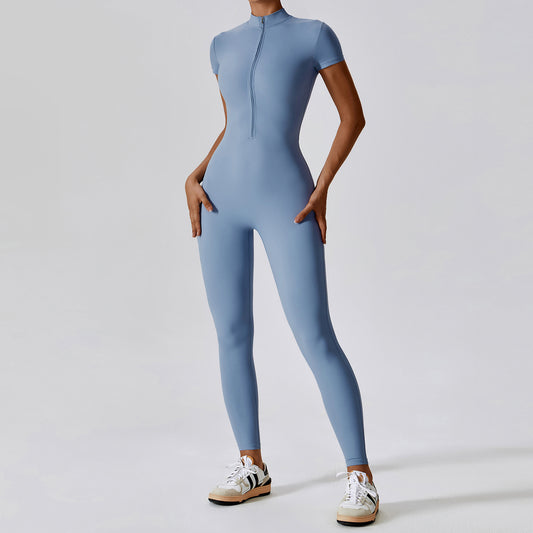 Reißverschluss Kurzarm Nude Feel Yoga Jumpsuit Damen Oberbekleidung Fitness Sport Einteilige Strumpfhose