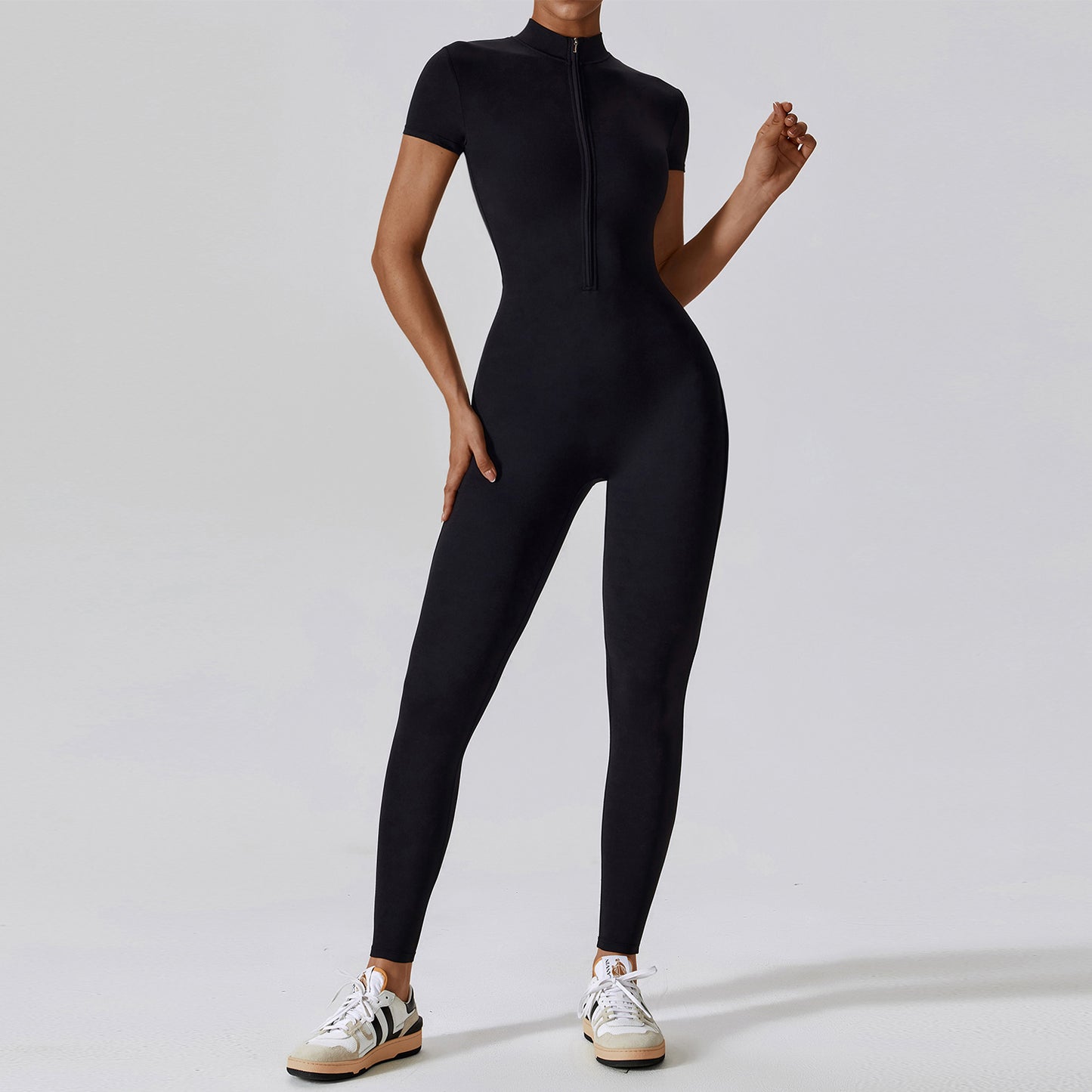 Reißverschluss Kurzarm Nude Feel Yoga Jumpsuit Damen Oberbekleidung Fitness Sport Einteilige Strumpfhose