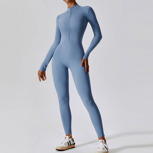 Reißverschluss Nude Feel Langarm Yoga Jumpsuit Hochfeste Fitness Einteilige Strumpfhose