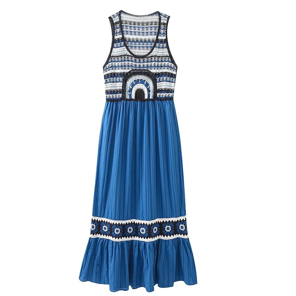 Summer Retro All Match Crochet Knitted Stitching Dress