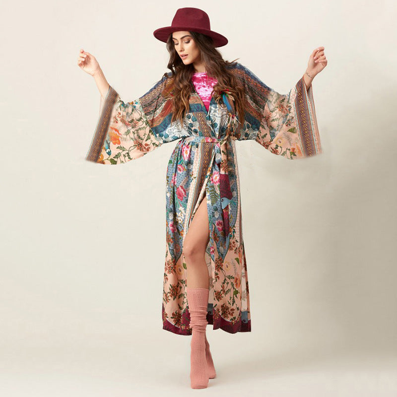 Women's Fashion Cotton Printing Belt Loose Beach Jacket