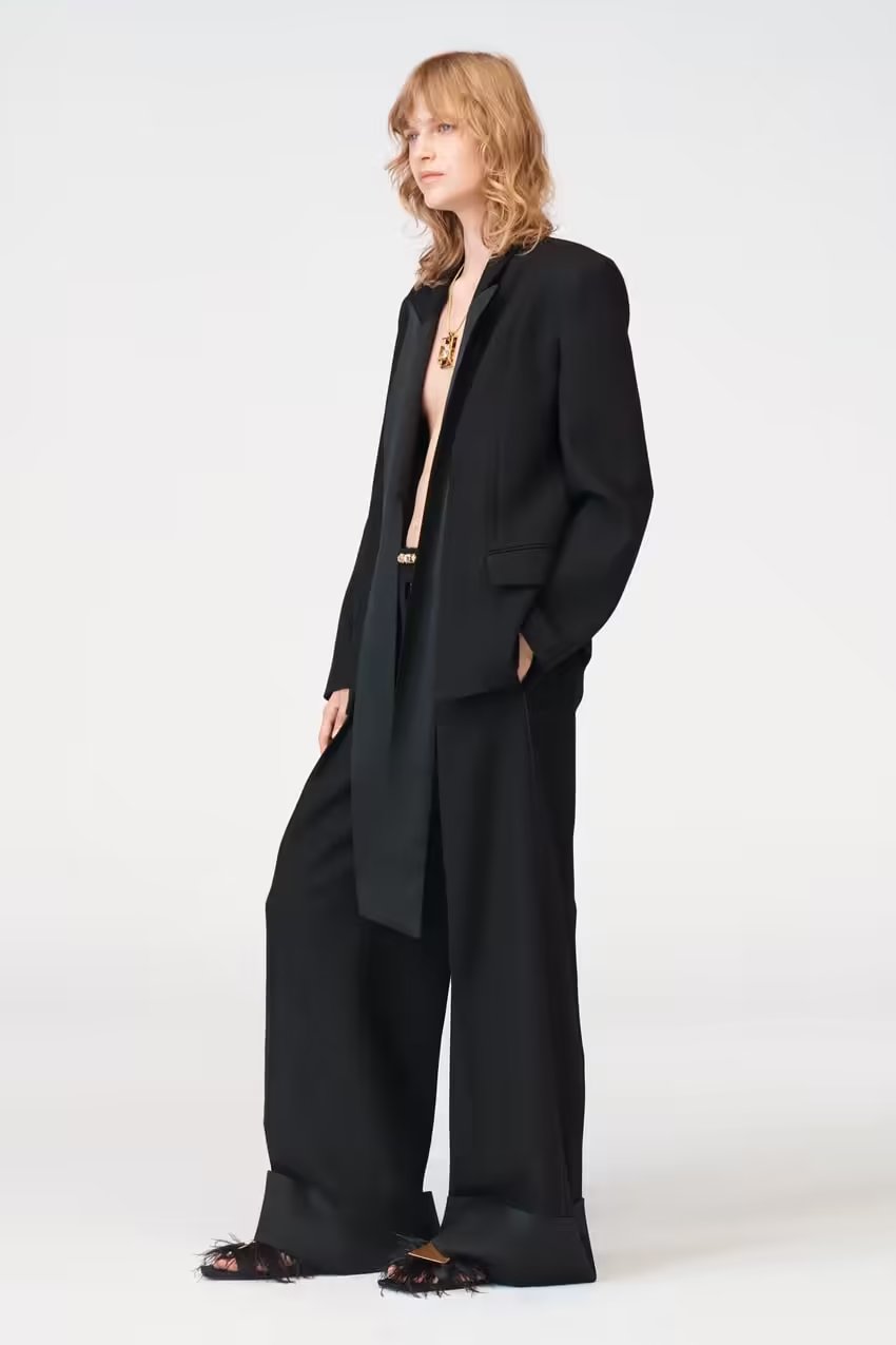 Women Autumn Silk Texture Collar Blazer Trousers Suit
