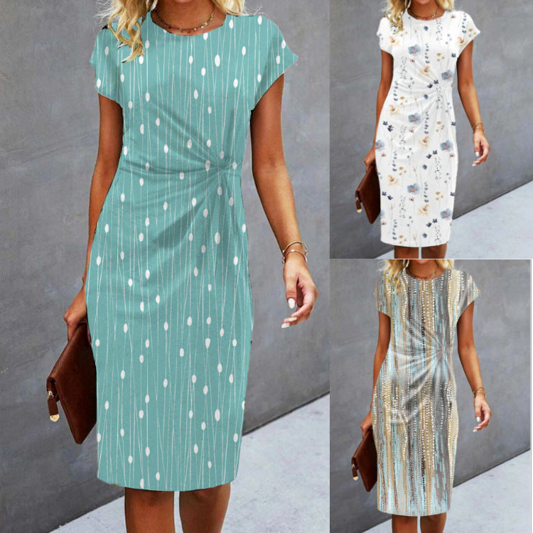 Fashion Slim Print Pleating Short Sleeve Dress