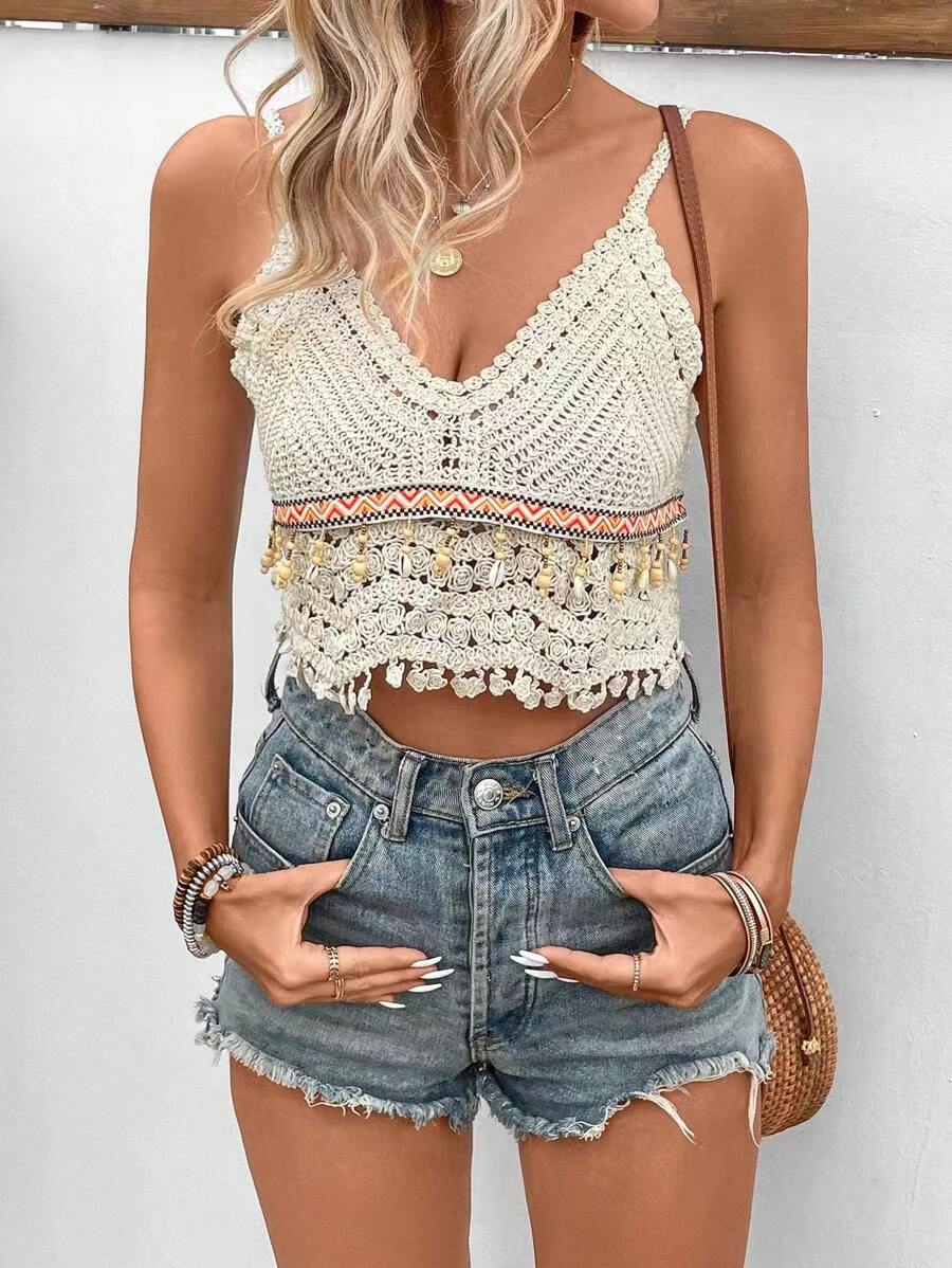 Women Hand Crocheted Halter Top With Fringe Hanging Beads