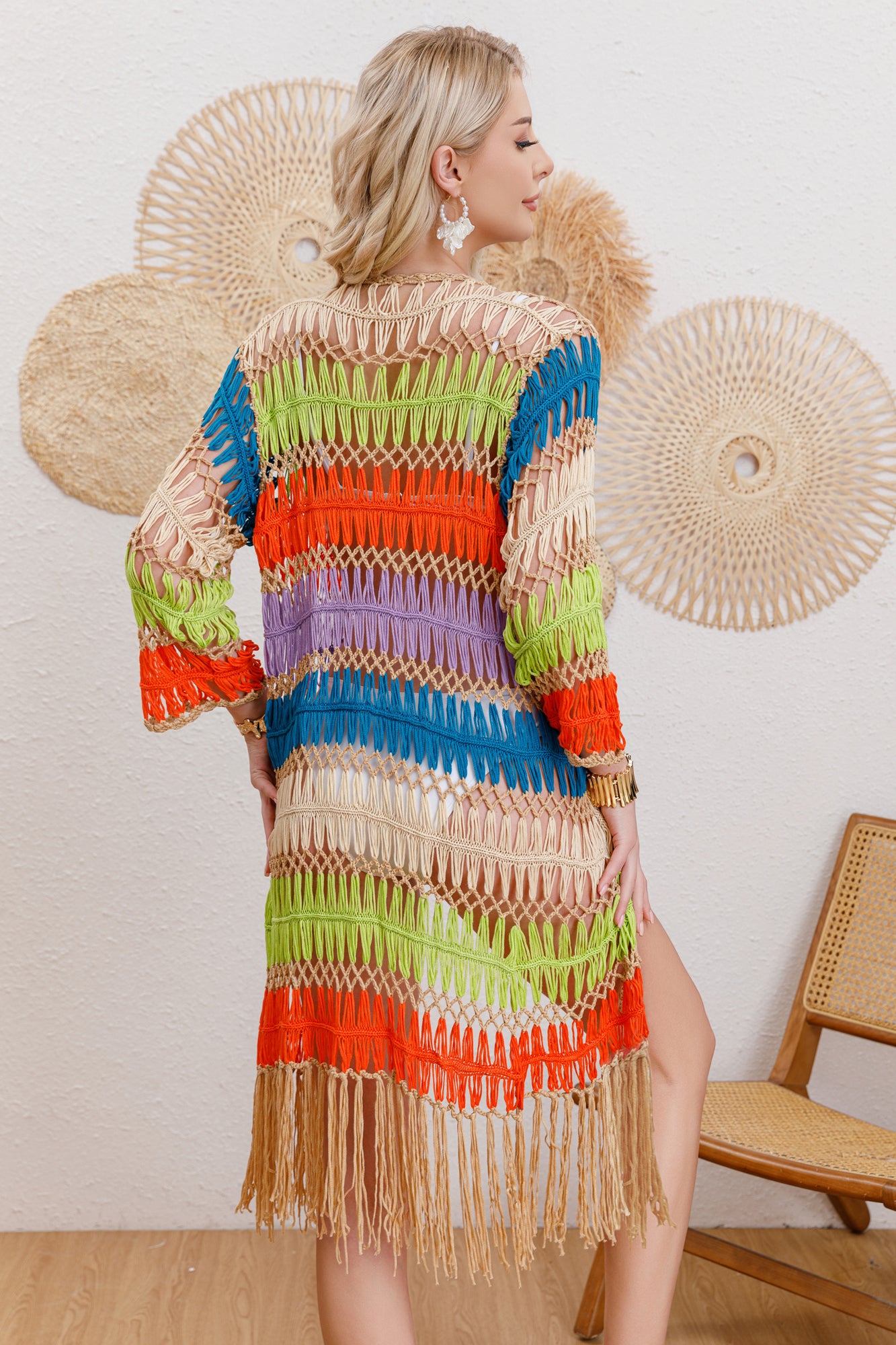 Pure Artificial Hand Crocheting Wool Yarn Sexy Colorful Beach Seaside Beach Cover Up Cardigan