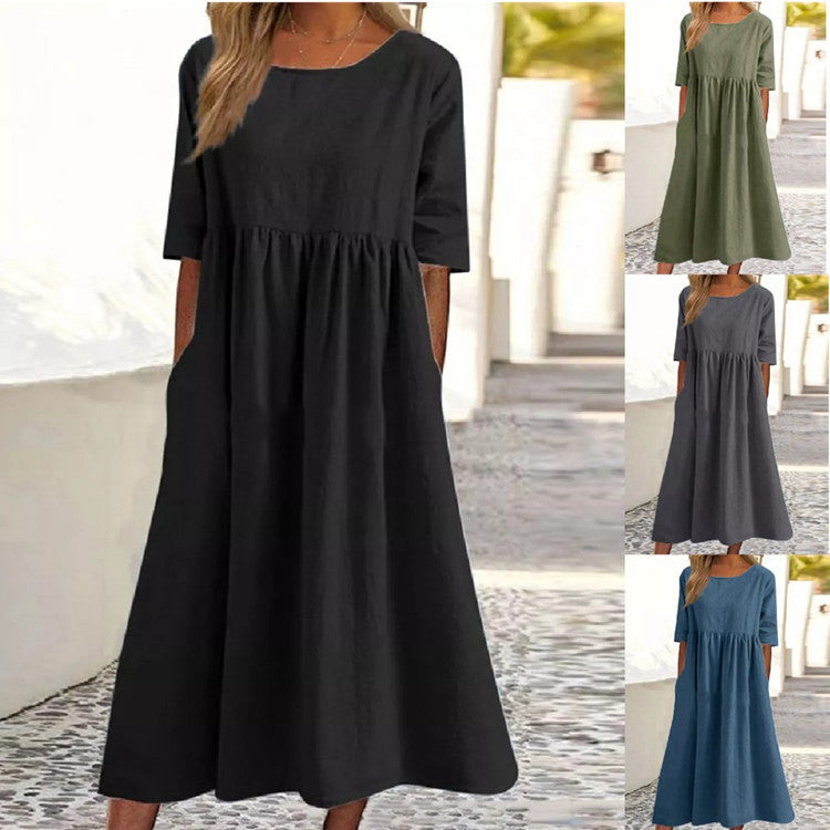 Spring And Summer New Round Neck 5-point Sleeve Plus Size Casual Loose Long Solid Color Cotton And Linen Dress