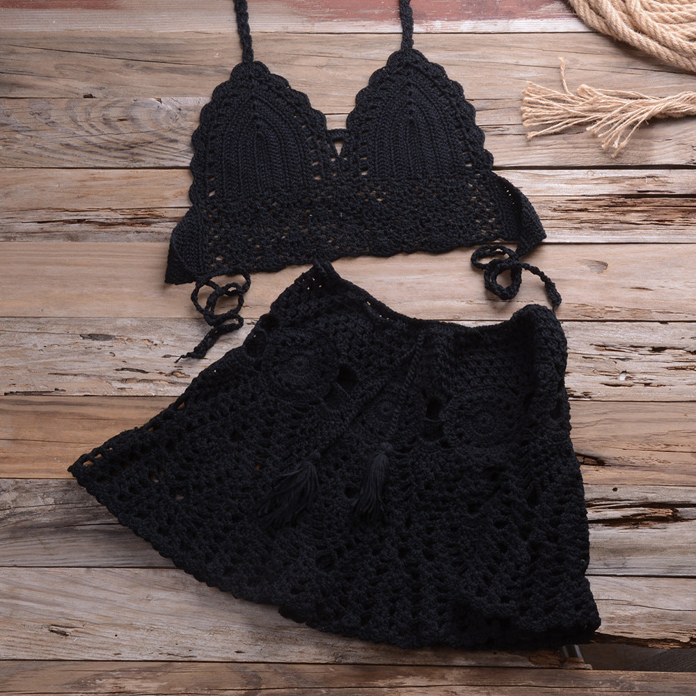 Hand Crocheting Bikini Wrapped Chest with Sexy All-Matching Hollow Out Cutout Pleated Skirt Split Swimsuit