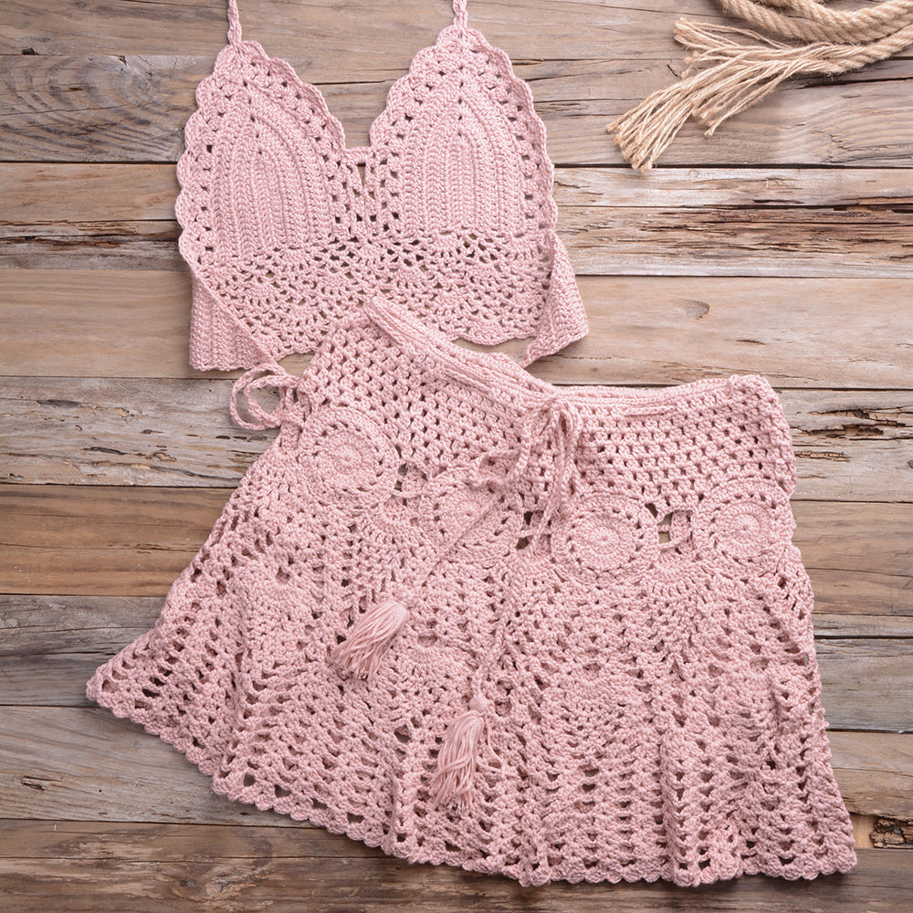 Hand Crocheting Bikini Wrapped Chest with Sexy All-Matching Hollow Out Cutout Pleated Skirt Split Swimsuit