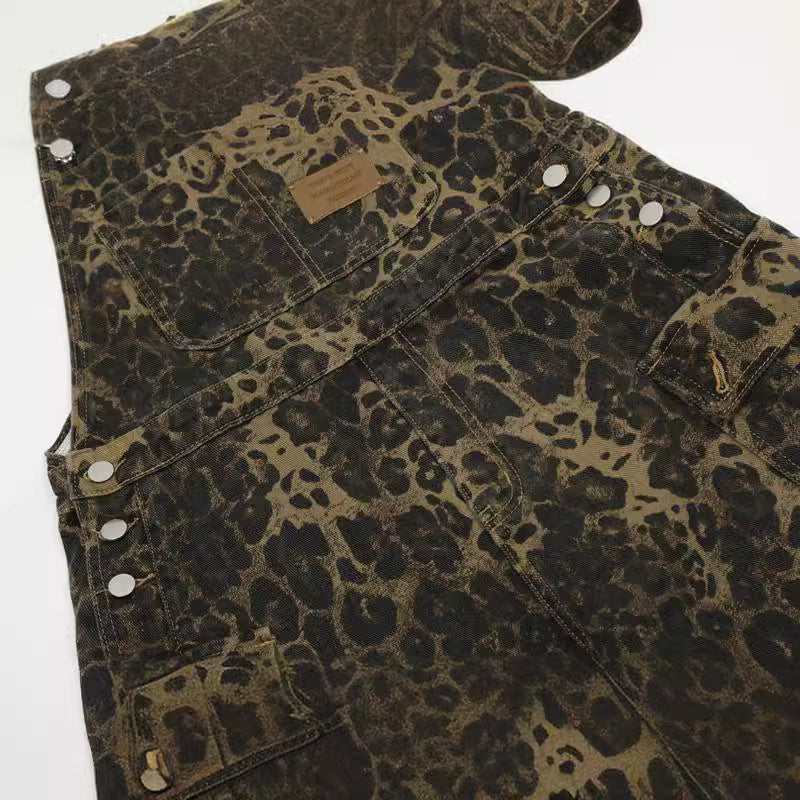 American Vintage Leopard Print Denim Brace Overol Hombres y mujeres