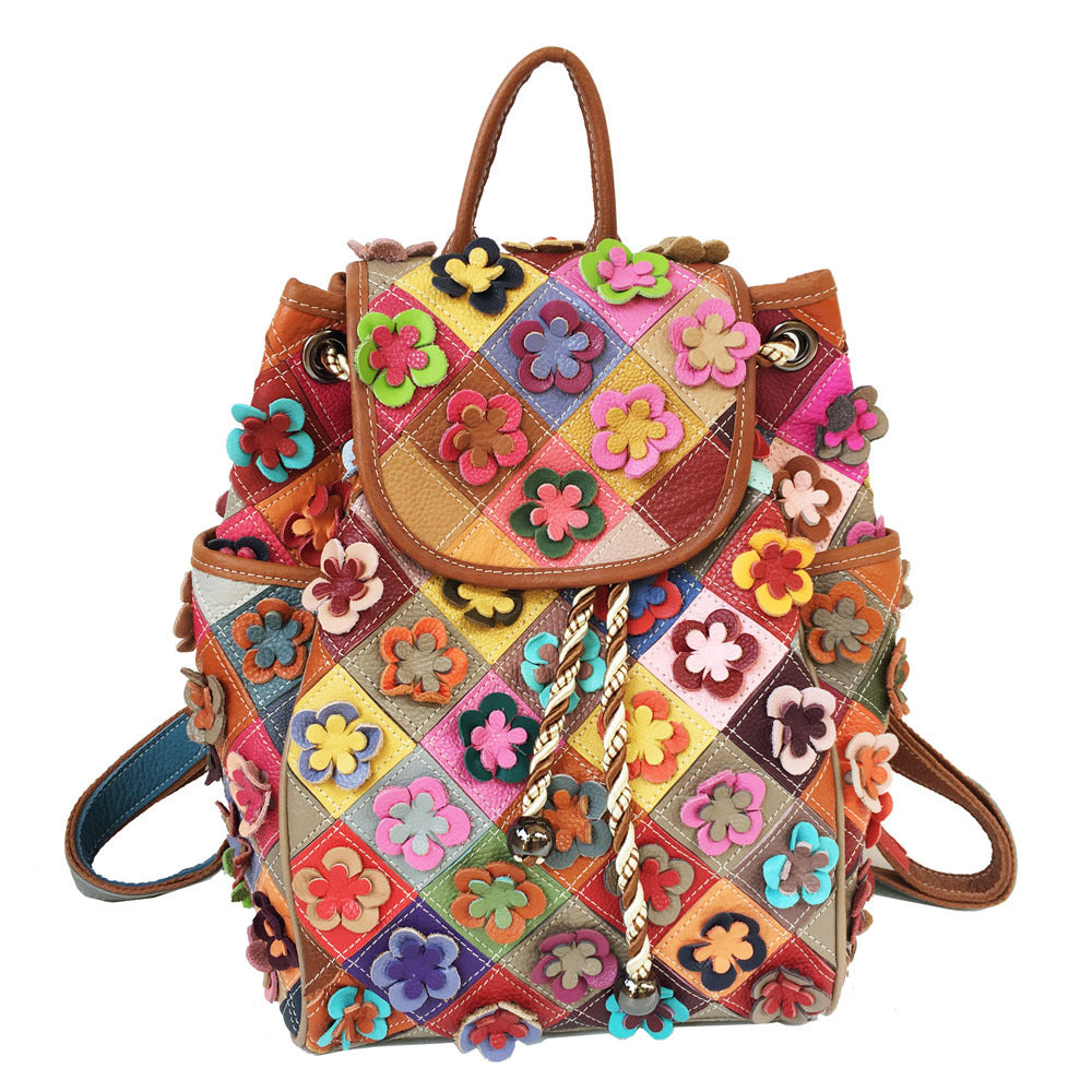 Cowhide Patchwork Diamond Checkered Flower Retro Style Backpack