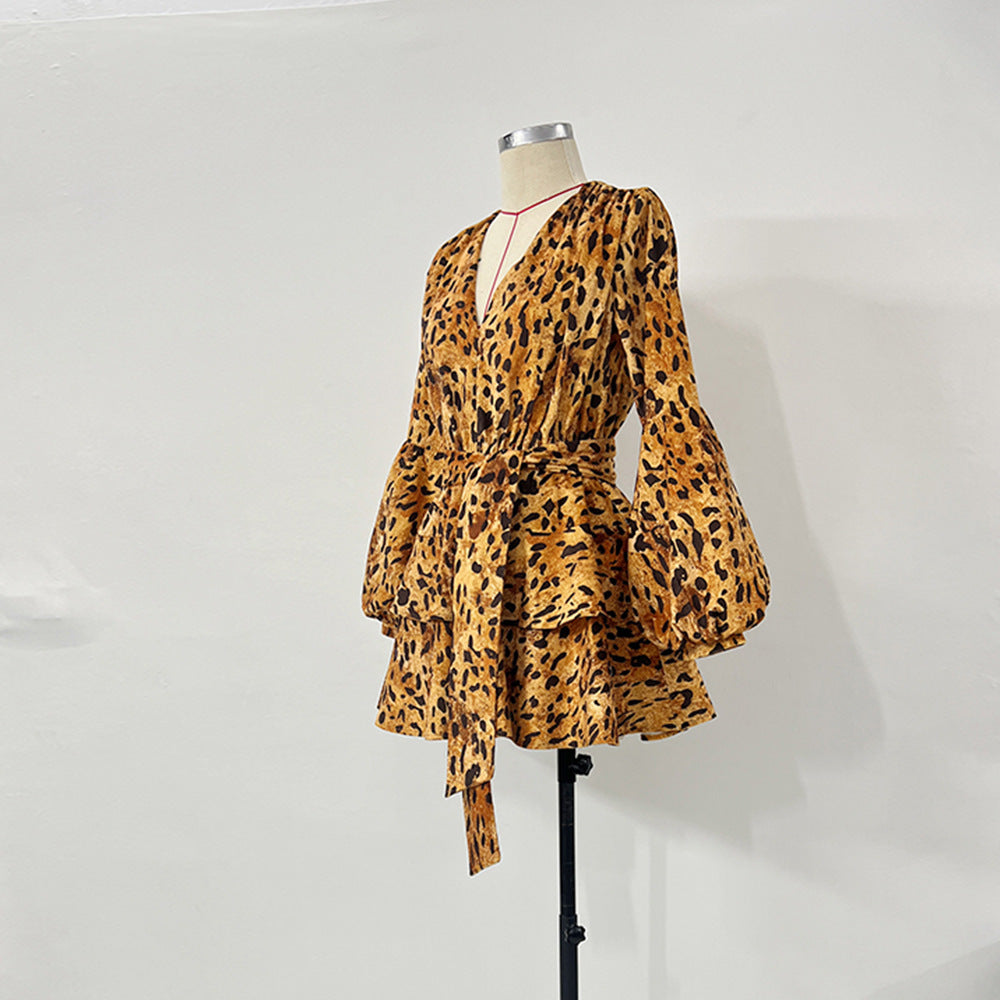 Deep V-neck Leopard Print Dress Long Sleeve Lantern Sleeve Ruffled Skirt