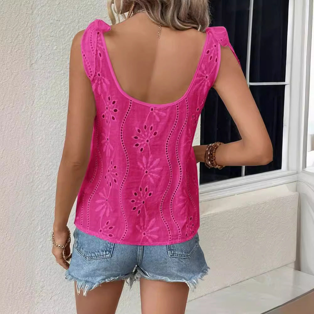 Women's Solid Color Embroidered Jacquard Lace-up Vest