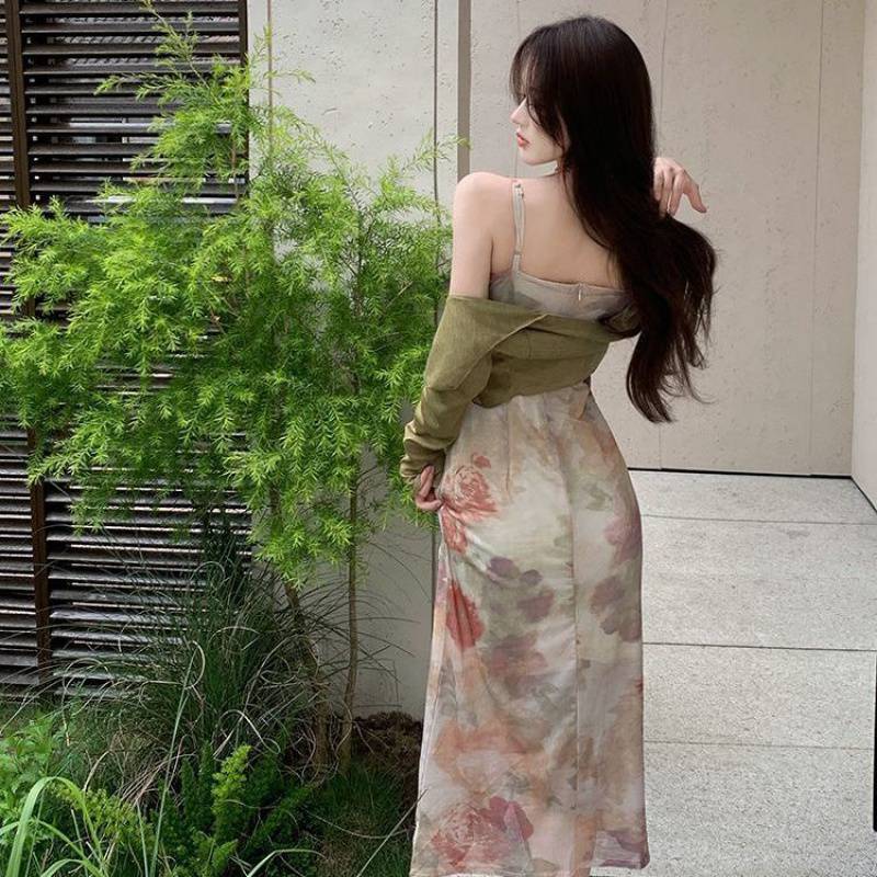 Plus Size Irregular French Pure Desire Sling Dress Female Niche Sexy Floral Skirt Elegant Long