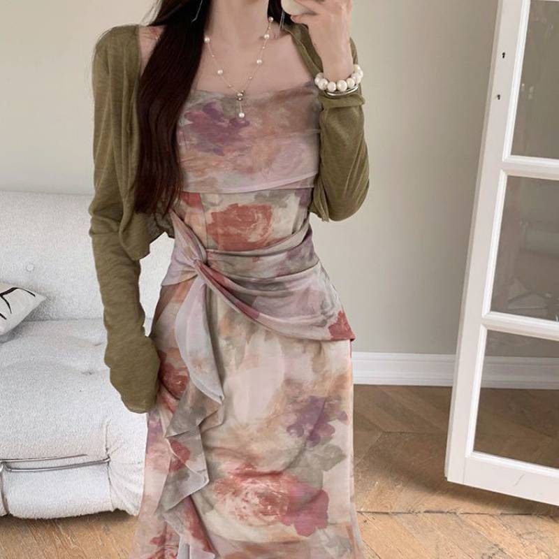 Plus Size Irregular French Pure Desire Sling Dress Female Niche Sexy Floral Skirt Elegant Long