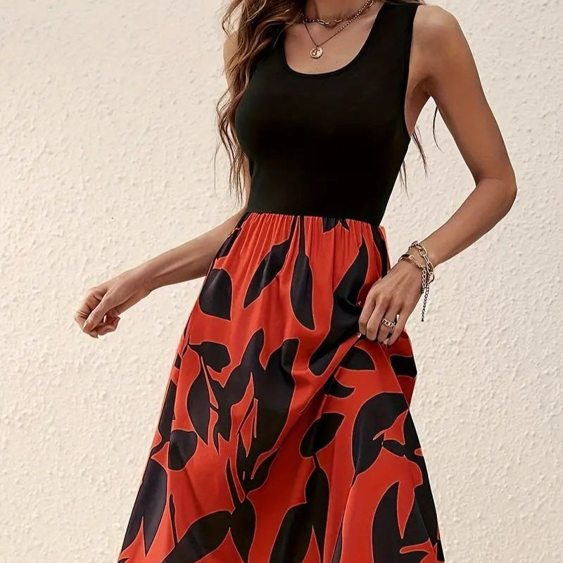 Summer New Printing Round Neck Contrast Color Dress