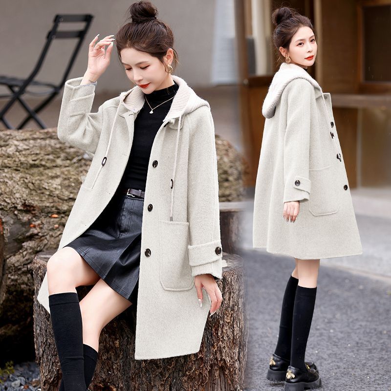 Women's Knitted Hooded Temperament Woolen Coat