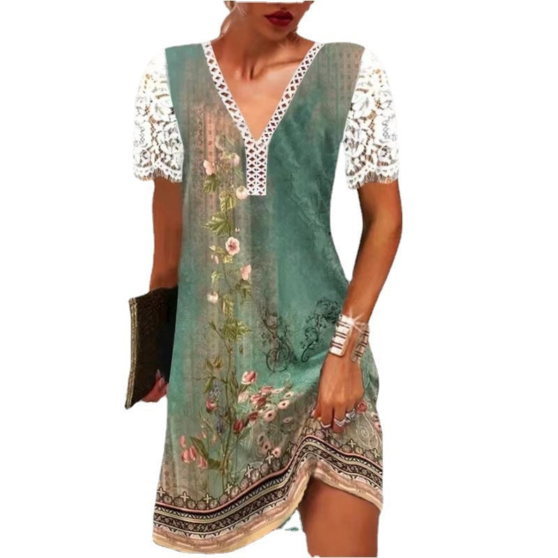 V-neck Stitching Lace Ruffled Short Sleeves Loose Print Dress