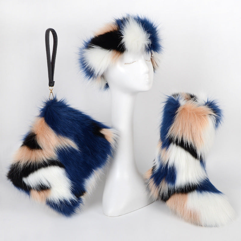 Velvet Padded Plus Size Imitation Fox Fur Fur Women's Snow Boots Three-piece Set