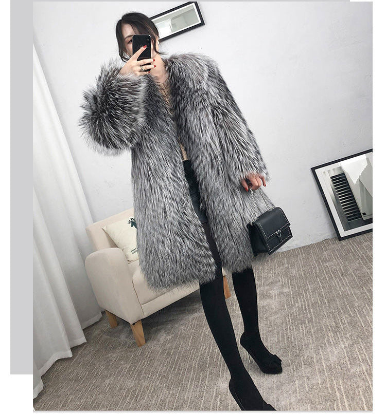 Mid-length Fox Fur Faux Fur Coat Women's Warm Leisure Overcoat