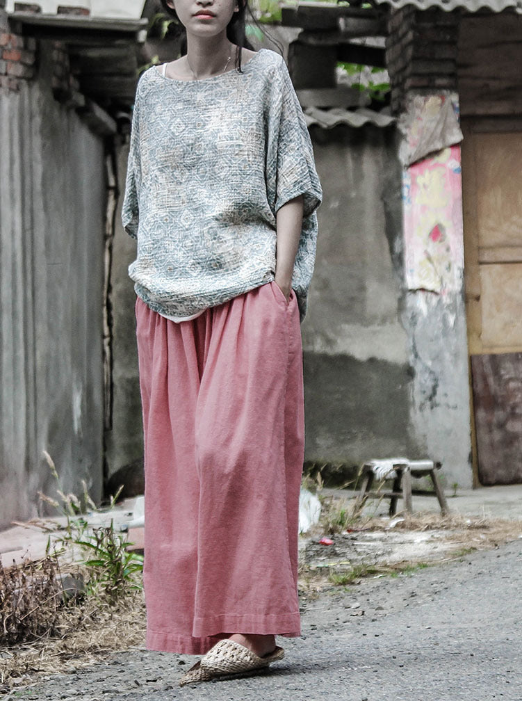 Stylish And Personalized Design Cotton And Linen Loose Big Leg Trousers Retro Elastic Waist