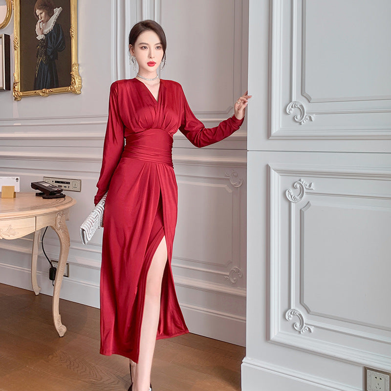 Women's Long-sleeved Red French Waist V-neck Dress