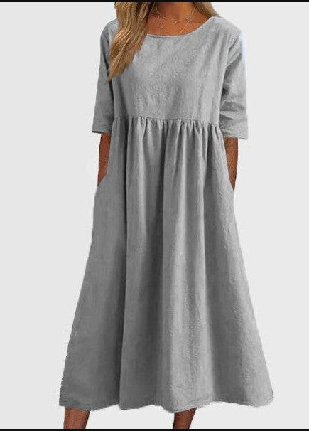 Spring And Summer New Round Neck 5-point Sleeve Plus Size Casual Loose Long Solid Color Cotton And Linen Dress