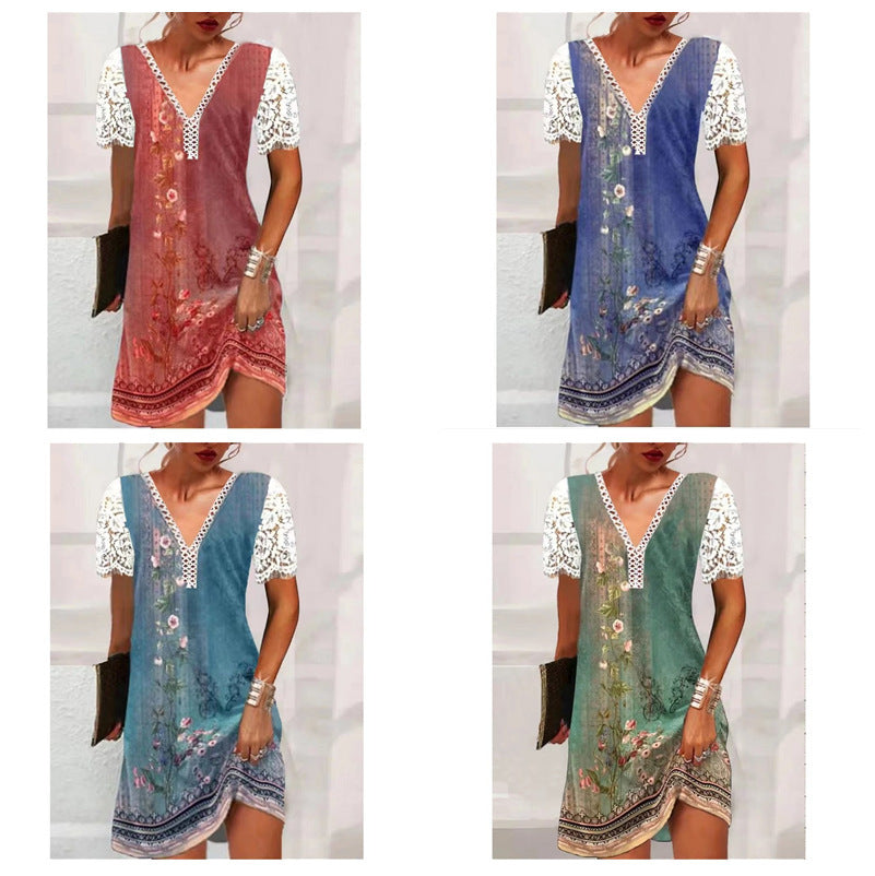 V-neck Stitching Lace Ruffled Short Sleeves Loose Print Dress