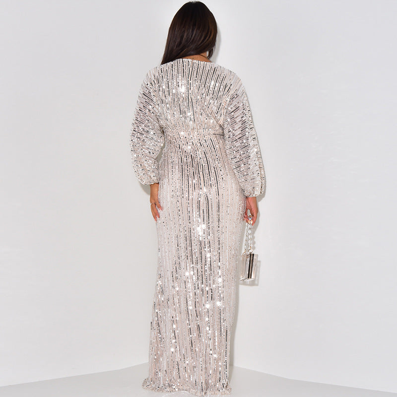 Exposed Sleeve Sexy Sequined Long Dress