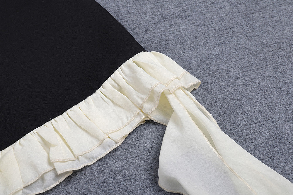 Black Suit Skirt V-neck Half Sleeve Ruffled Temperament Pendant Organza Dress