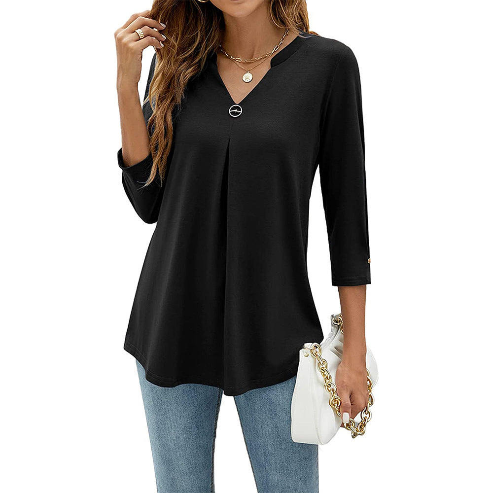 Women's V-neck Clinch Pleated T-shirt Top