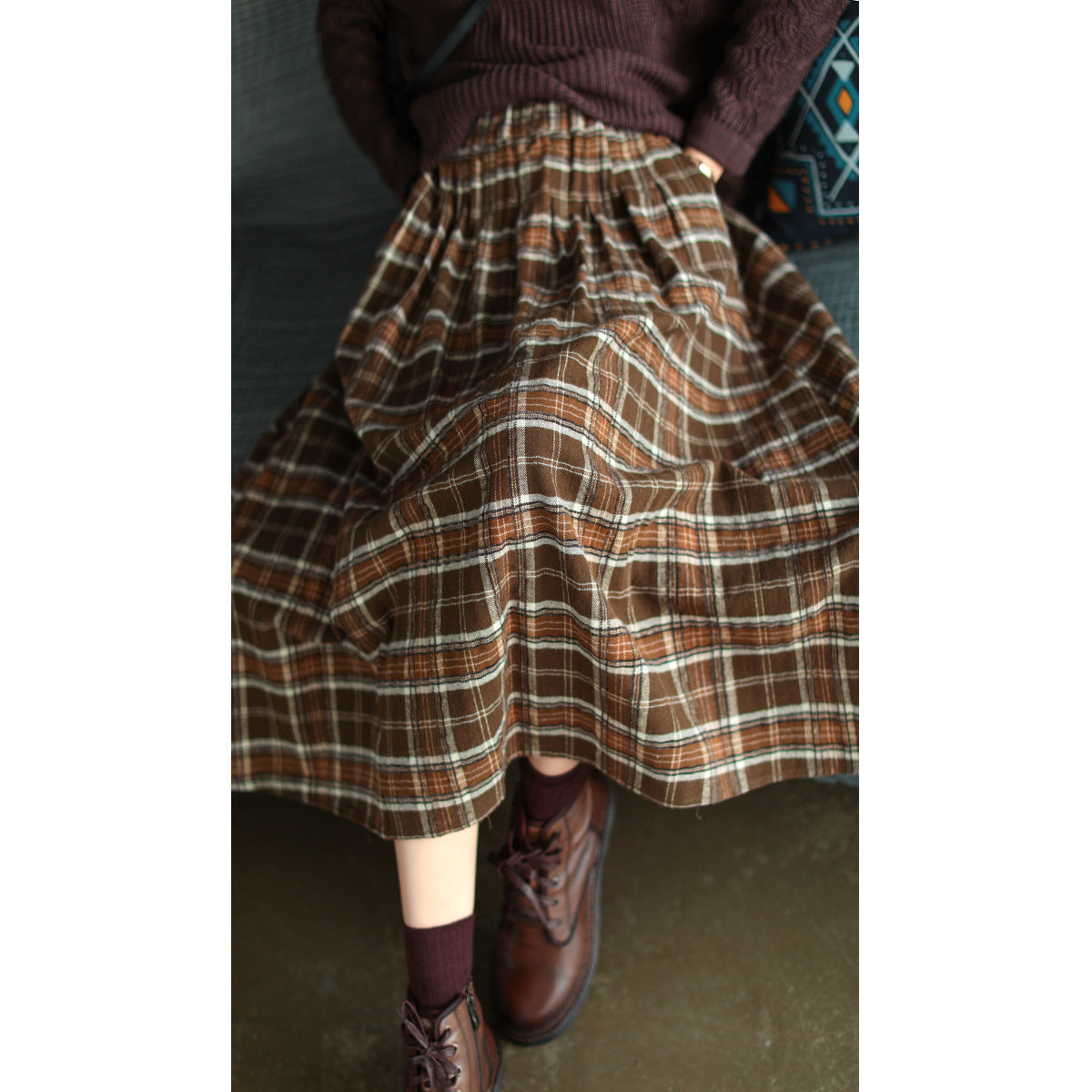 Ancient Coffee Clothing Artistic Brushed Plaid Skirt Retro Loose A- Line