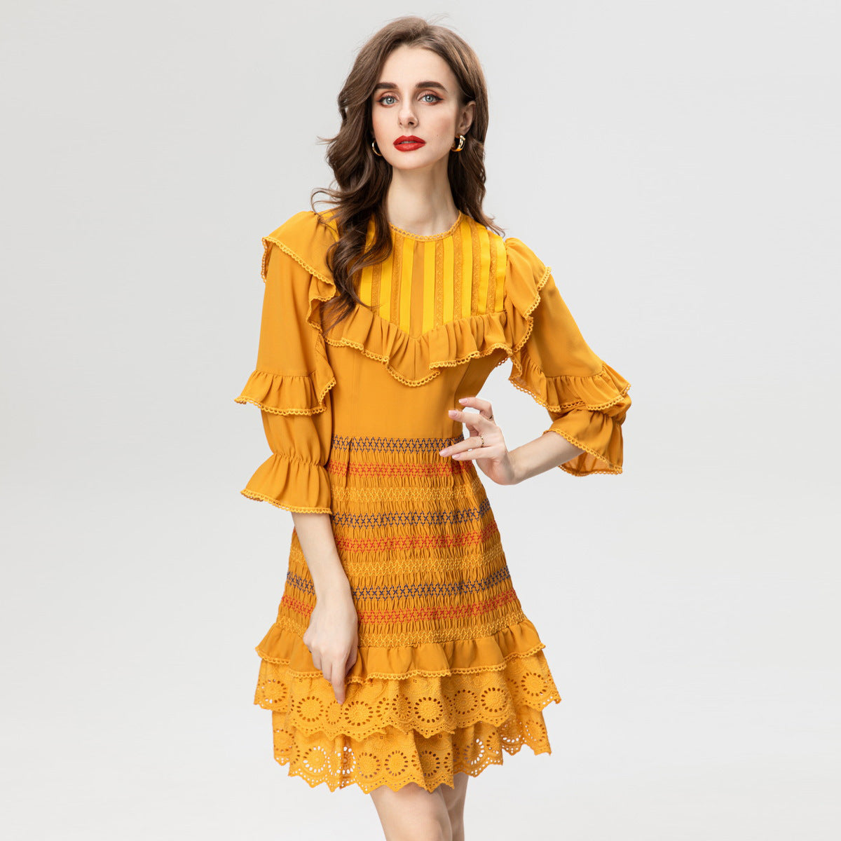 Patchwork Ribbon Water Soluble Ruffled Smocking Elastic Waist 34 Sleeve Dress