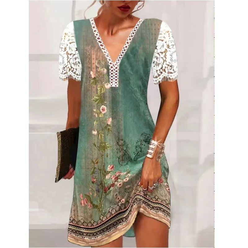 V-neck Stitching Lace Ruffled Short Sleeves Loose Print Dress