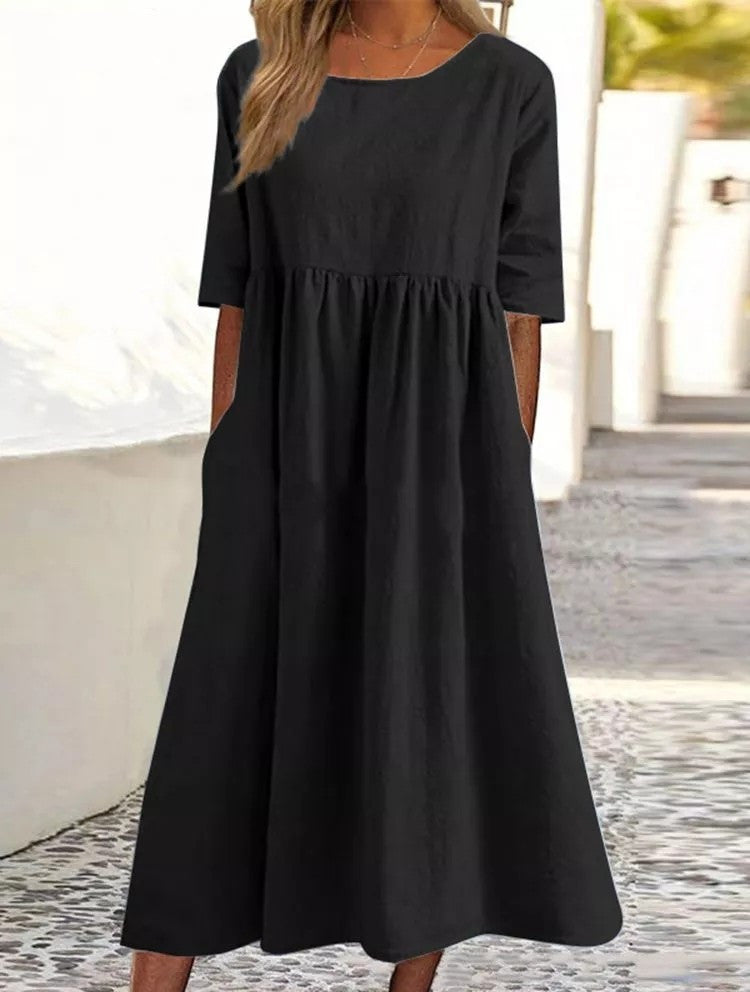 Spring And Summer New Round Neck 5-point Sleeve Plus Size Casual Loose Long Solid Color Cotton And Linen Dress