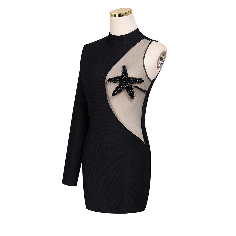 One Shoulder Long Sleeve Mesh Five-pointed Star Beaded Bandage One-piece Dress