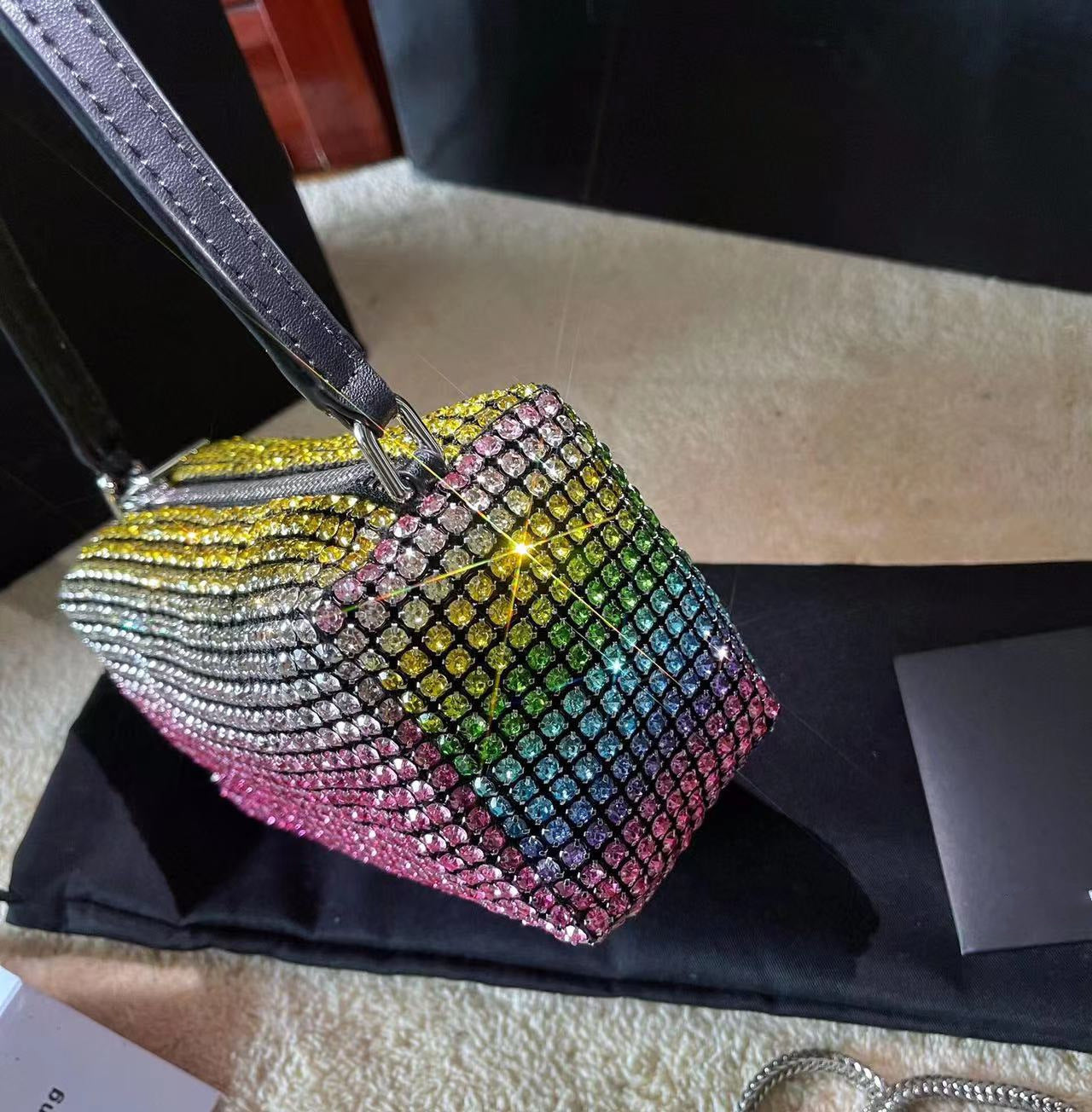 Small Square Bag Portable Rhinestone Satin Surface