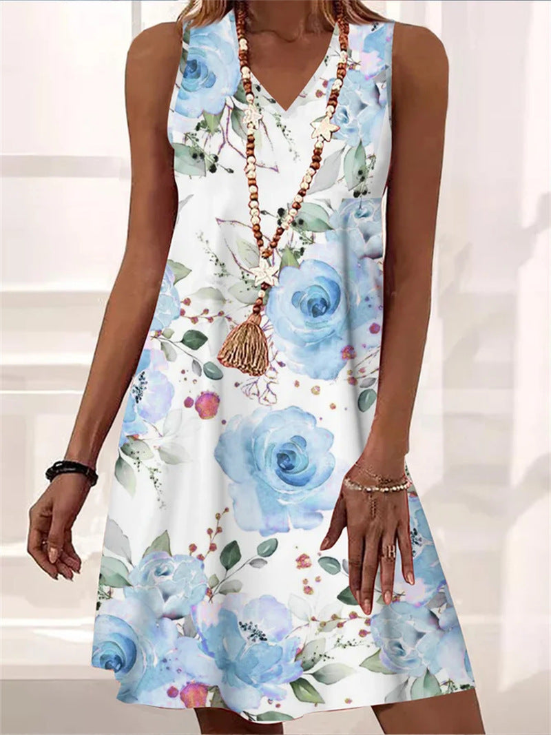 Loose V-neck Pullover Sleeveless Printed Mid-length Dress